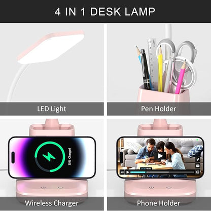 Desk Lamps for Home Office, LED Desk Lamp with Wireless Charger Pencil Holder, 3 Color Modes Dimming Desk Light for College Dorm Room, Girls Study Lamp with CRI 90+ 800 Lumen - Pink - LeafyLoom