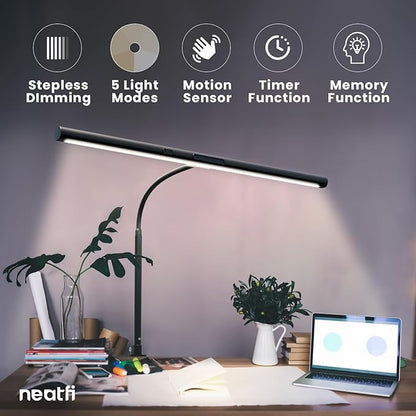 Neatfi LED Desk Lamp with Clamp and Base, Motion Sensor, Touch Control, 1100 Lumens, 5 Brightness Levels, 5 Light Modes, Steplessly Adjustable, 60-min Timer, Ideal for Home, Study, Reading (Black) - LeafyLoom