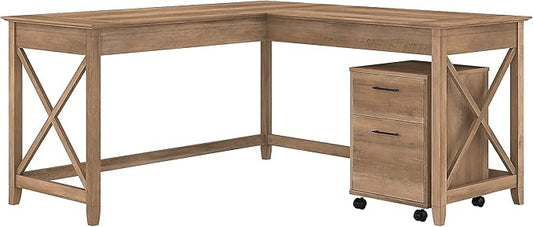 Bush Furniture Key West 60W L Shaped Desk with 2 Drawer Mobile File Cabinet in Reclaimed Pine - LeafyLoom