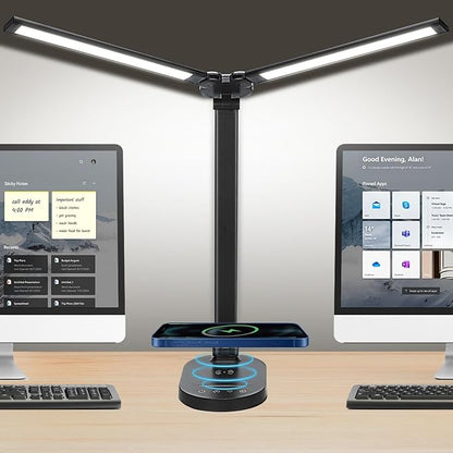 Lightess LED Desk Lamp with Wireless Charger, USB Charging Port, Adjustable Foldable Dual Swing Arm Desk Light Dimmable Eye-Caring Desk Lamp, Touch Control, Home Office Desk Lights for Work Study - LeafyLoom