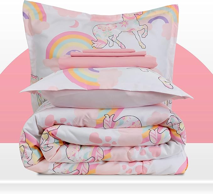 SLEEP ZONE Kids Bedding Comforter Set Full/Queen Size - Super Cute & Soft Kids Bedding 7 Pieces Set with Comforter, Sheet, Pillowcase & Sham (Pink Unicorn) - LeafyLoom