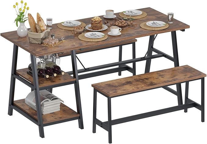 soges 3 Pieces Kitchen Dining Table Set for 4, Breakfast Table Set with 2 Benches, 4-Person Wooden Dinette with Wine Shelf and Glass Holder, Rustic Brown 10CZWKDS04TW140 - LeafyLoom