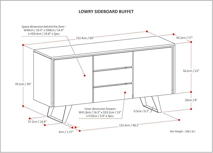 SIMPLIHOME Lowry SOLID ACACIA WOOD and Metal 60 Inch Wide Rectangle Modern Industrial Sideboard Buffet in Distressed Grey, For the Dining Room and Kitchen - LeafyLoom