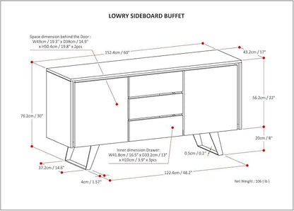 SIMPLIHOME Lowry SOLID ACACIA WOOD and Metal 60 Inch Wide Rectangle Modern Industrial Sideboard Buffet in Distressed Grey, For the Dining Room and Kitchen - LeafyLoom