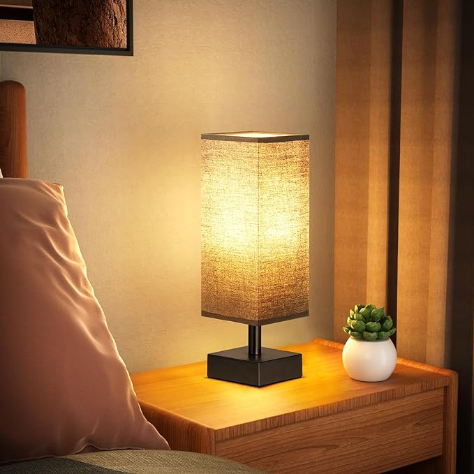 Black Small Table Lamp for Bedroom - Bedside Lamps for Nightstand, Minimalist Night Stand Light Lamp with Square Fabric Shade, Desk Reading Lamp for Kids Room Living Room Office - LeafyLoom