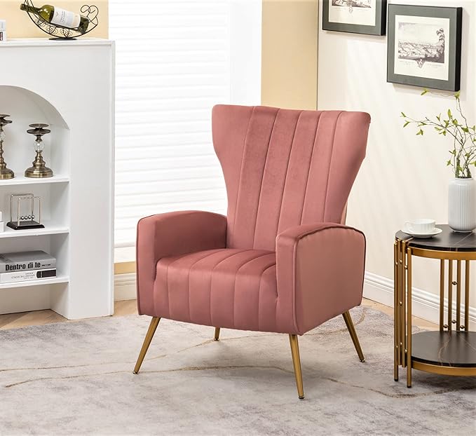 Armchair Modern Velvet Accent Chair, Channel Tufted Bedroom, Office or Living Room Furniture with Elegant Metal Legs, Rose - LeafyLoom