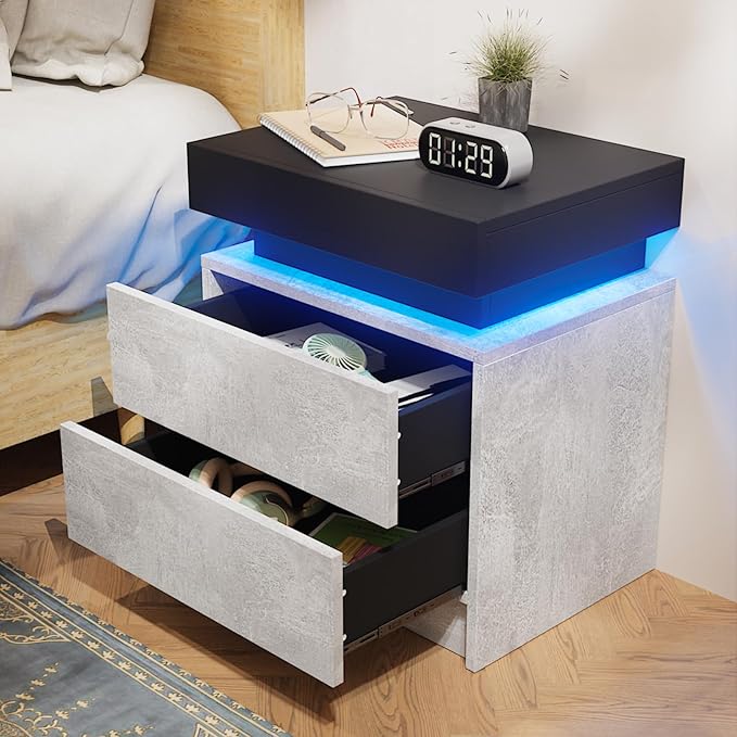 HOMMPA LED Nightstand Grey Matte Bedside Table with Led Lights Modern Night Stand with 2 Drawers Led Night Table Smart Nightstand for Bedroom 20.5” Tall - LeafyLoom