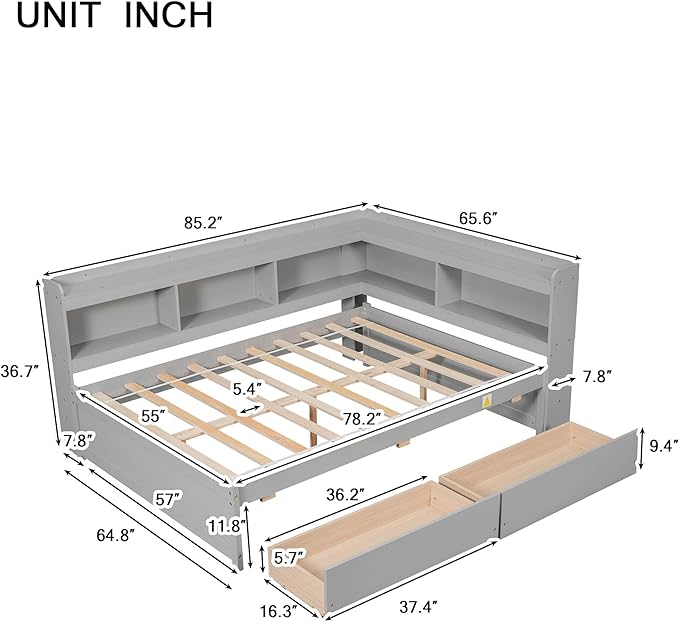 Full Size Platform Bed with L-Shaped Bookcase and 2 Storage Drawers, Wood Daybed frames with Headboard, Gray - LeafyLoom