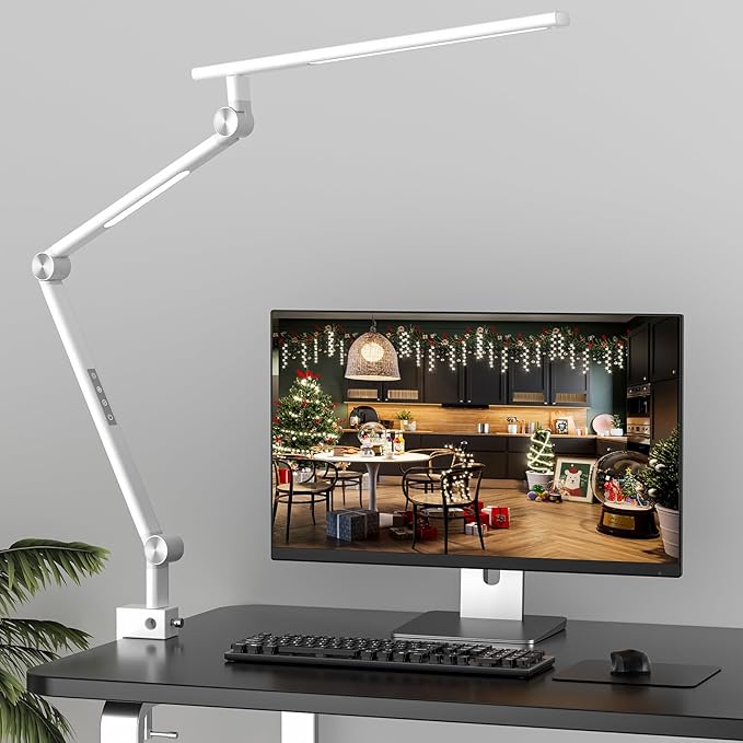 LED Desk Lamp, Desk Light for Home Office, Dual Light Source 18W Brightest, Eye-Caring Optical Lens, Office Lamp, 5 Color Modes & Brightness, Aluminum Alloy Drafting Light, Clamp Lamp, White - LeafyLoom