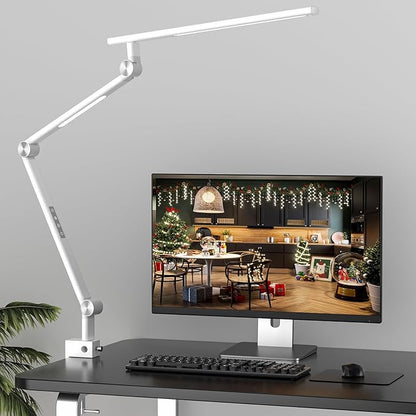 LED Desk Lamp, Desk Light for Home Office, Dual Light Source 18W Brightest, Eye-Caring Optical Lens, Office Lamp, 5 Color Modes & Brightness, Aluminum Alloy Drafting Light, Clamp Lamp, White - LeafyLoom