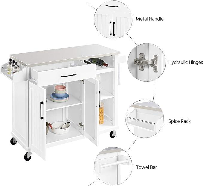 Yaheetech Kitchen Island Cart with Stainless Steel Top, Rolling Storage Cabinet on Wheels with Drawer& Wine Rack & Spice Rack, Sideboard Buffet with Towel Bar, White - LeafyLoom