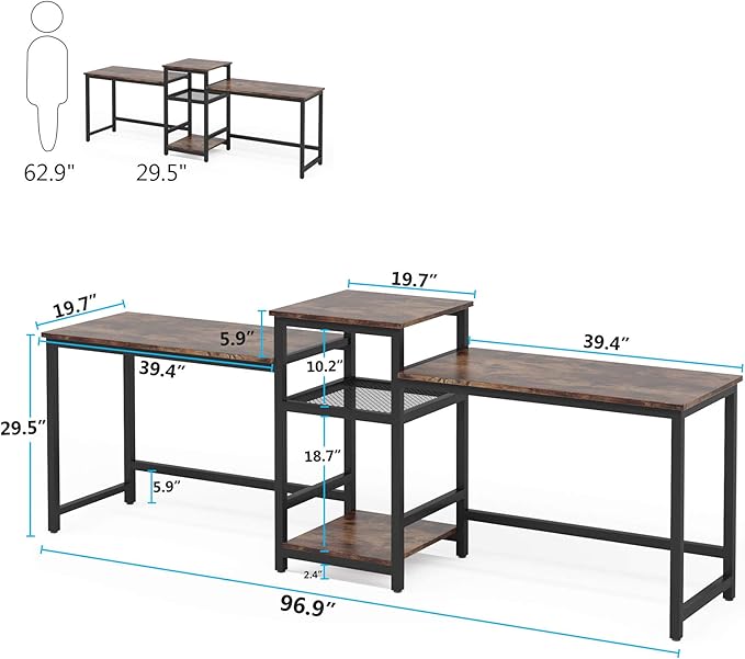 Tribesigns 96.9" Double Computer Desk with Printer Shelf, Extra Long Two Person Desk Workstation with Storage Shelves, Large Office Desk Study Writing Table for Home Office, Dark Brown - LeafyLoom