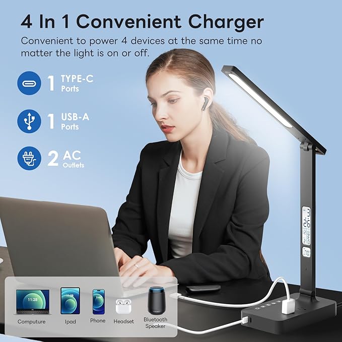 Desk Lamp with USB Charging Port: LED Eye-Caring Smart Table light for Home Office - 1 Type-C, 1 USB-A Charging Port, 2 AC Power Outlets. - LeafyLoom