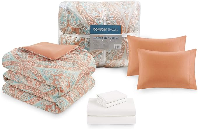 Comfort Spaces Bed in A Bag - Trendy Casual Design Cozy Comforter with Complete Sheet Set with Side Pocket, All Season Cover, Matching Shams, King(104"x90"), Gloria, Damask Coral 9 Piece - LeafyLoom