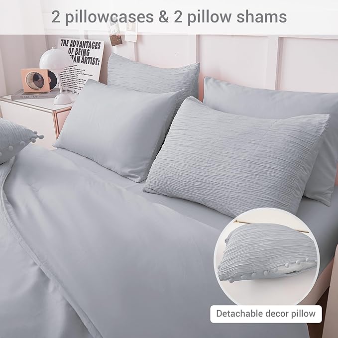 8 Piece Woven Texture Grey Comforter Queen Size, Bed in A Bag Bedding Sets Queen with Comforter and Sheets, Soft Lightweight Comforter Set with Deocor Throw Pillow, Grey - LeafyLoom