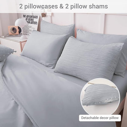 8 Piece Woven Texture Grey Comforter Queen Size, Bed in A Bag Bedding Sets Queen with Comforter and Sheets, Soft Lightweight Comforter Set with Deocor Throw Pillow, Grey - LeafyLoom