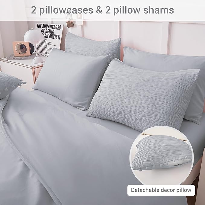 8 Piece Woven Texture King Size Comforter Set Grey, Bed in A Bag Bedding King with Comforter and Sheets, Soft Lightweight Comforter Set with Deocor Throw Pillow, Grey - LeafyLoom