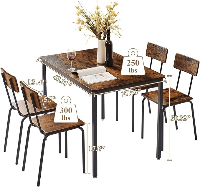 4 Chairs Dining Table Set for 4-8, Modern Space Saving Kitchen Desk, Wooden Industrial Style Farmhouse, 43", Brown - LeafyLoom