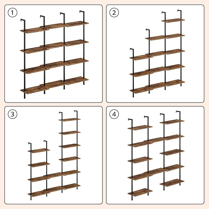 HOOBRO DIY Ladder Shelf, 6-Tier Wooden Wall Mounted Bookshelf, Narrow Bookcase, Display Shelf, Storage Rack, Plant Stand, for Living Room, Bedroom, Study, Balcony, Rustic Brown and Black BF651CJ01 - LeafyLoom