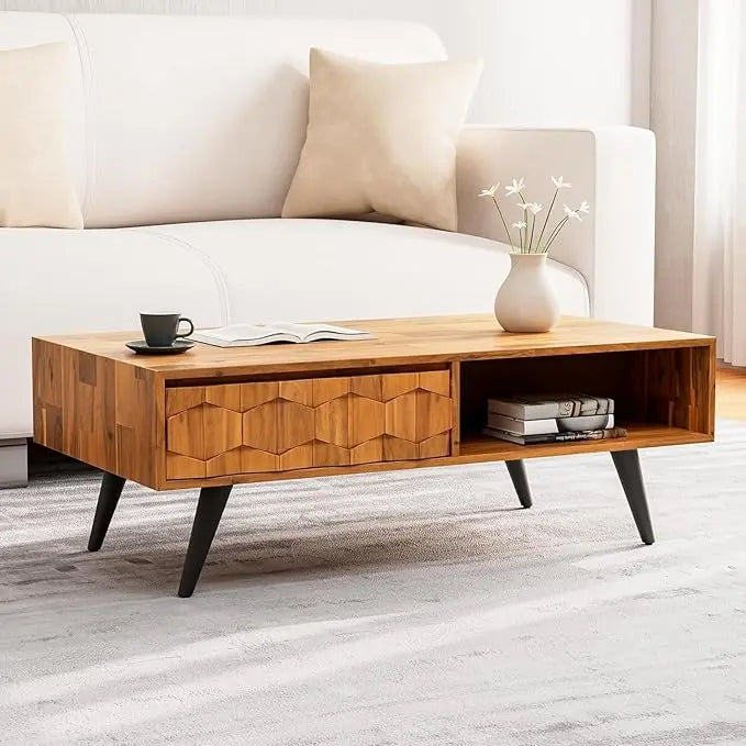 Bme Georgina Solid Wood Coffee Tables for Living Room, Coffee Table Mid Century Modern with 2 Symmetrical Storage Drawers & Geometric Details, Fully Assembled Center Table, Teak Brown - LeafyLoom