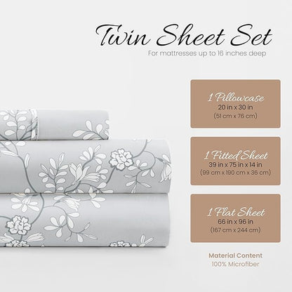 Linen Market 3 Piece Twin Bedding Sheet Set (Light Gray Vine) - Sleep Better Than Ever with These Ultra-Soft & Cooling Bed Sheets for Your Twin Size Bed - Deep Pocket Fits 16" Mattress - LeafyLoom