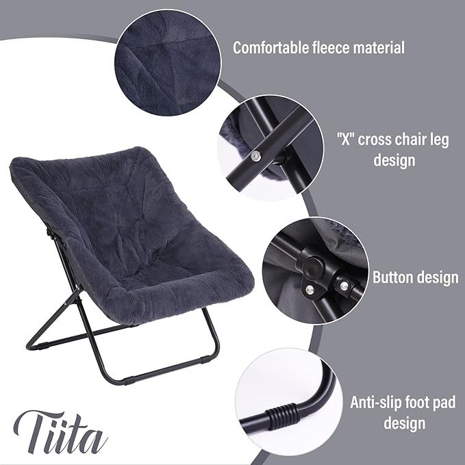 Tiita Comfy Saucer Chair, Soft Faux Fur Oversized Folding Accent Chair, Lounge Lazy Chair for Kids Teens Adults, Metal Frame Moon Chair for Bedroom, Living Room, Dorm Rooms - LeafyLoom