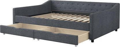 Full Size Daybed with 2 Drawers, Upholstered Tufted Sofa Bed with Button on Back and Piping on Waved Shape Arms for Bedroom, Apartment, Living Room, Wooden Slats Support, Dark Grey - LeafyLoom