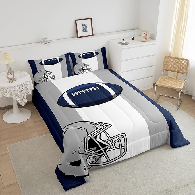 Feelyou Kids Football Comforter Set Queen Size Rugby Sports Bedding Set for Boys Teens Decor Soccer Ball Game Comforter American Football Grey Blue Duvet Set Quilt 3Pcs Boys - LeafyLoom