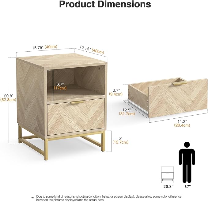 Anmytek Night Stand, Small Side Table, Sturdy Wood Nightstand with Storage Drawer and Shelf, Modern End Table Bedside Table with Polished Gold Handles for Bedroom, Dorm, Small Spaces H0054 - LeafyLoom