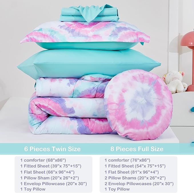 Mooreeke Tie Dye Kids Comforter Bed Set Twin Size for Girls, 6 Pieces Bed in a Bag with Shams, Sheet Set, A Toy Pillow Dark Pink Round Flower Twin Soft Microfiber Kids Comforter Bedding Set - LeafyLoom