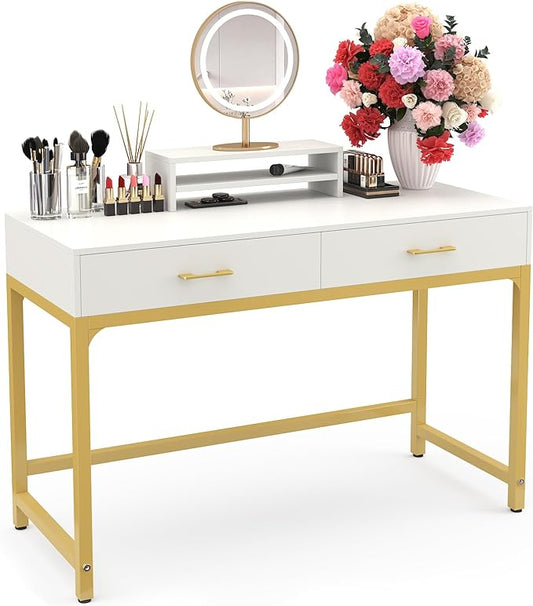 WESTREE Women Makeup Vanity Desk with 2 Drawers - Bedroom Home Office Desk, Wooden Height Monitor Stand & Storage Shelf without Mirror, White Table Great Gift for Her - LeafyLoom