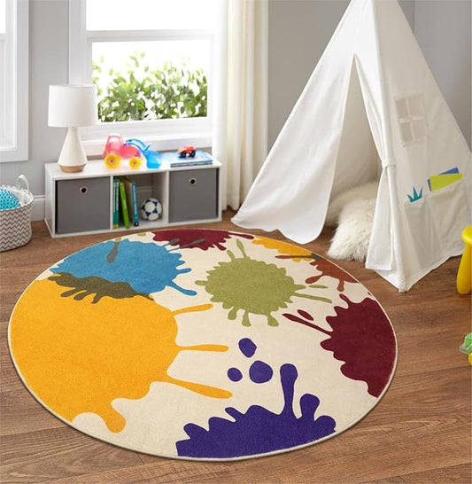 Art Round Rug for Playroom, 4'x4' Colorful Kids Rug for Nursery, Non-Slip Small Circle Rug for Kids Room, Machine Washable Bedroom Rug Soft Circular Office Carpet for Preschool Dorm - LeafyLoom