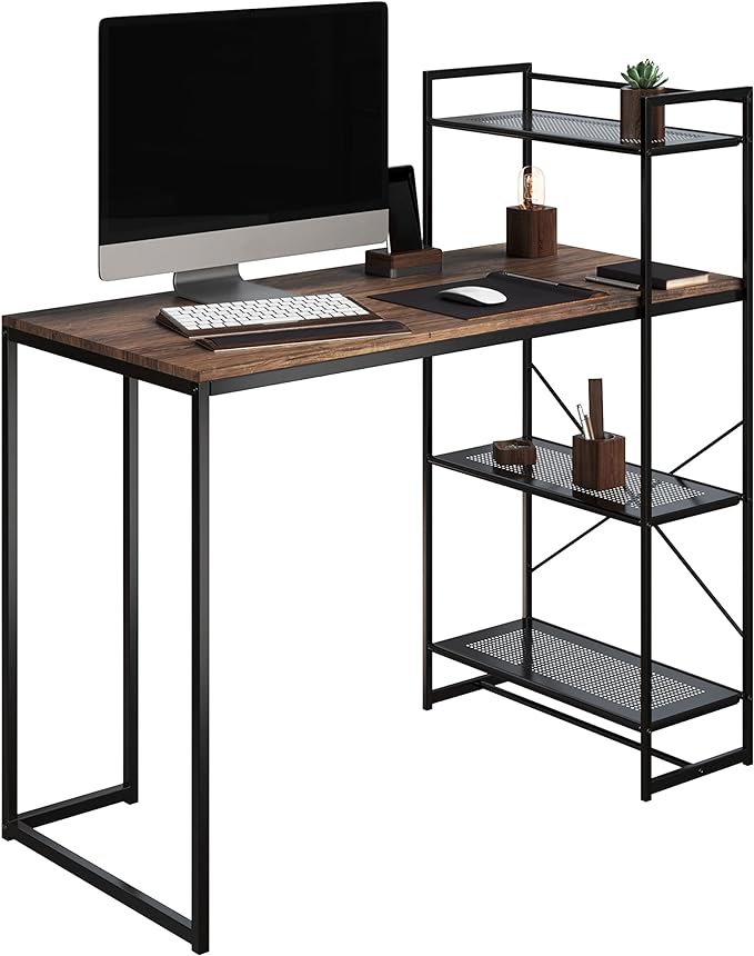 Lavish Home 80 BLT-SHF All-in-One Computer Desk with Shelves for Home Office, Bedroom, or Craft Table, Rustic Brown & Black - LeafyLoom