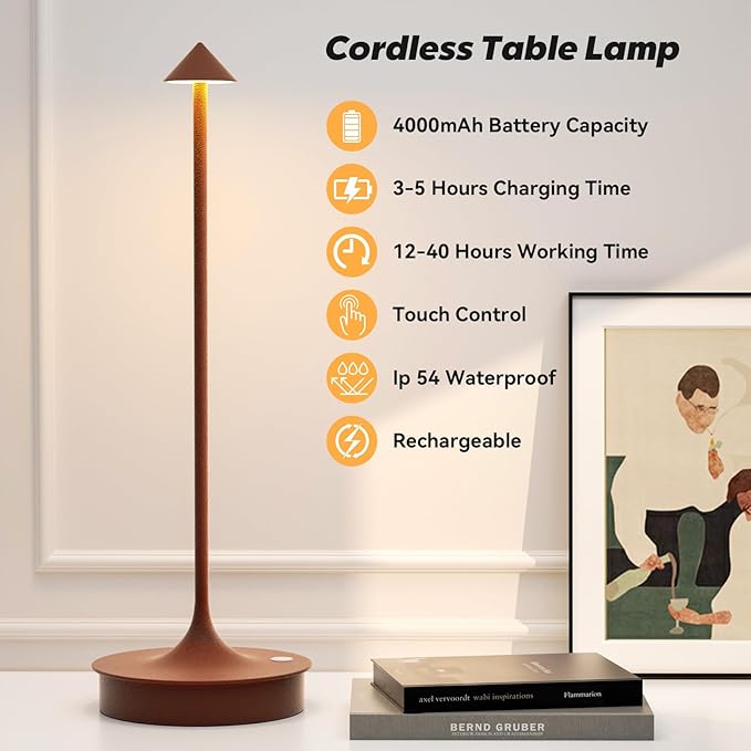 Set of 2 Cordless Table Lamp Rechargeable, Battery Operated Desk Lamp, 4000mAh LED Touch Lamp, Dimmable Portable Outdoor Waterproof Wireless Table Light for Restaurants/Bars/Outdoor(Brown) - LeafyLoom