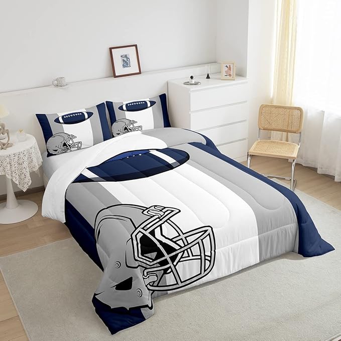 Feelyou Kids Football Comforter Set Queen Size Rugby Sports Bedding Set for Boys Teens Decor Soccer Ball Game Comforter American Football Grey Blue Duvet Set Quilt 3Pcs Boys - LeafyLoom