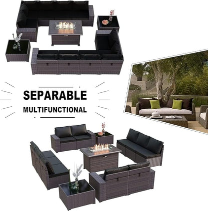 Kullavik 13 Pieces Outdoor Patio Furniture Set with 43" 55000BTU Gas Propane Fire Pit Table PE Wicker Rattan Sectional Sofa Patio Conversation Sets,Black - LeafyLoom