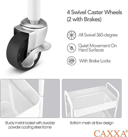 CAXXA 3-Tier Rolling Metal Storage Organizer - Mobile Utility Cart Kitchen Cart with Caster Wheels, White - LeafyLoom