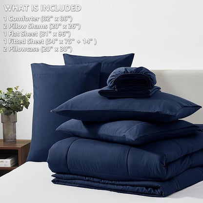 CozyLux Full Size Comforter Sets - 7 Pieces Bed in a Bag Set Navy Blue Full, Complete Bedding Sets Bed Set for All Season with Comforter, Flat Sheets, Fitted Sheet, Pillowcases & Shams - LeafyLoom