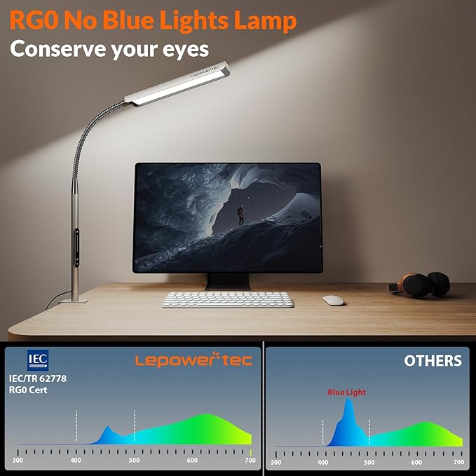 Desk Lamps for Home Office, RG0 Eye-Caring Desk Light, 750LM Desk Lamp, 10 Brightness Touch Table Lamp, 6 Color Temperature, 3 Timer Function, Metal Gooseneck Desk Lamp for Home & Office - LeafyLoom