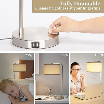 Table Lamp for Living Room, Modern Bedside Lamp with Dual USB Ports, Fully Dimmable Nightstand Lamp with Beige Drum Shade, Silver Finish Side Table Lamp for Bedroom Office, 3000K LED Bulb Included - LeafyLoom