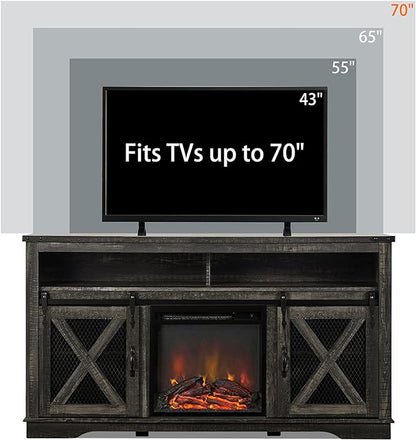 Okvnbjk Fireplace TV Stand for TVs up to 70", Entertainment Center with 18" Electric Fireplace, Farmhouse TV Stand Industrial Media Console with Sliding Barn Door for Living Room, 58 Inch, Dark Oak - LeafyLoom