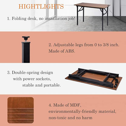 Frylr Folding Computer Desk with Plugs & USB Ports, Home Office Desks Foldable 43.3x19.6x29.5 Inch Study Table for Student Writing Desk for PC/Laptop, No Installation, Walnut + Black Leg - LeafyLoom