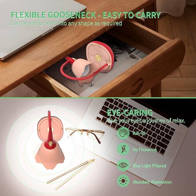 tekstap Desk Lamp Cute, Pink Lamp with Gooseneck, 2000mAh 3 Modes Dimmable Flower Desk Lamp, Rechargeable Eye-Caring LED Aesthetic Desk Lamp for Kids, Bedroom, Reading, Gift - LeafyLoom