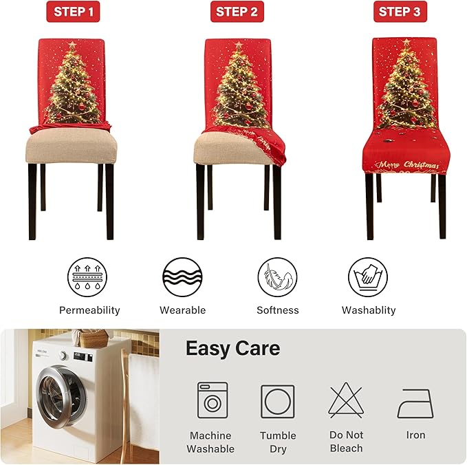 4PCS Christmas Dining Chair Covers Stretch Removable Washable Dining Room Chair Protector Slipcover 3D Print Xmas Tree Bow Tie Kitchen Chair Cover Slipcovers for Xmas Holiday Party Home Décor CZL