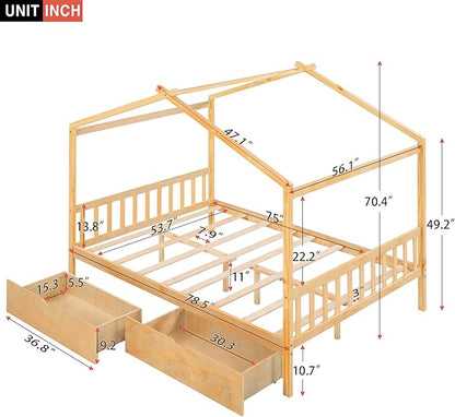 Full Bed Frame with Headboard and Footboard, Low House Bed/Full Bed Frame with Storage Drawer, Wood Bed Frame for Kids, Girls, Boys, Teens, Full Bed Frame Natural - LeafyLoom