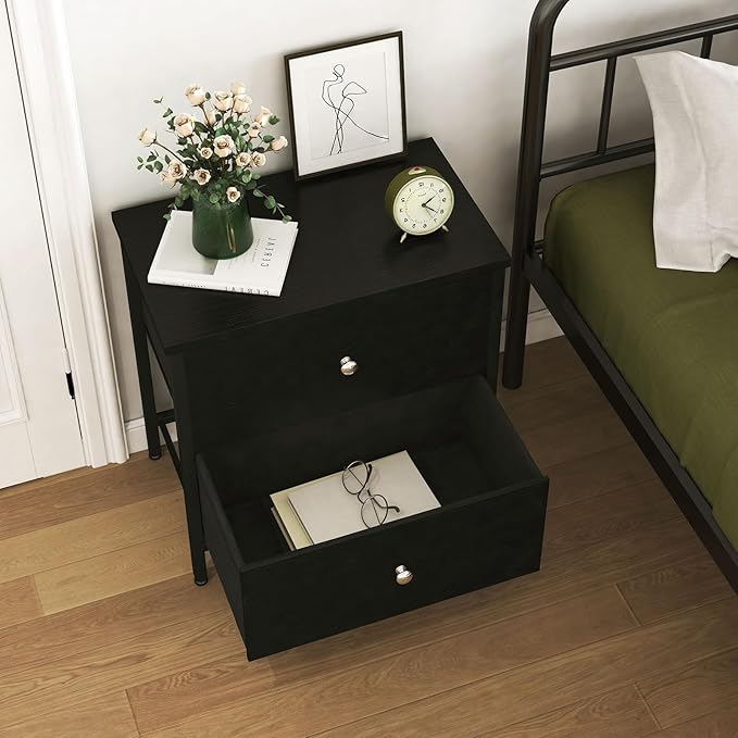 BOLUO Black Nightstand 2 Drawer Dresser for Bedroom,Small Night Stand End Table with Fabric Drawers Modern - LeafyLoom