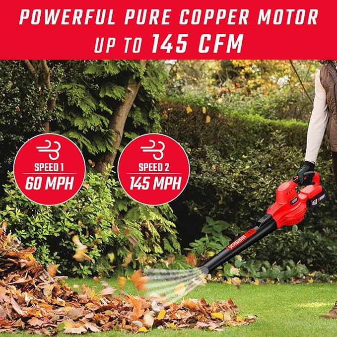 Leaf Blower, VOLTKORE 20V Cordless Leaf Blower, Electric Battery Powered Leaf Blower for Blowing Leaves, Dust in Lawn, Patio, Jobsite...(Quick Charger & 2 Battery Included) - LeafyLoom