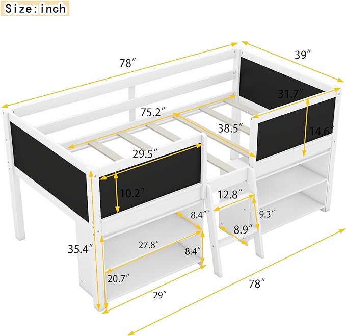 Twin Size Low loft Bed with Movable Shelves for Kids,Kids Low Loft Bed Frame with Guardrail Chalkboard and Storage,Solid Wood Loft Bed Twin for Boys,Girls (White) - LeafyLoom