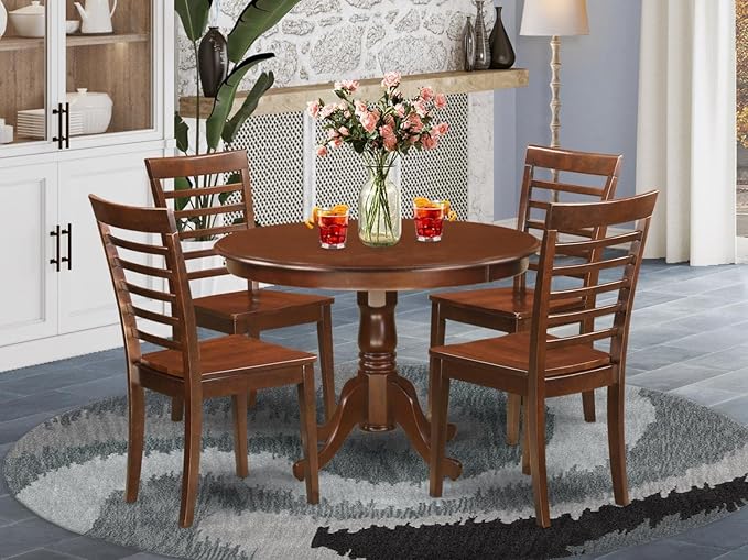 East West Furniture HLML5-MAH-W 5 Piece Dining Room Furniture Set Includes a Round Kitchen Table with Pedestal and 4 Dining Chairs, 42x42 Inch, Mahogany - LeafyLoom