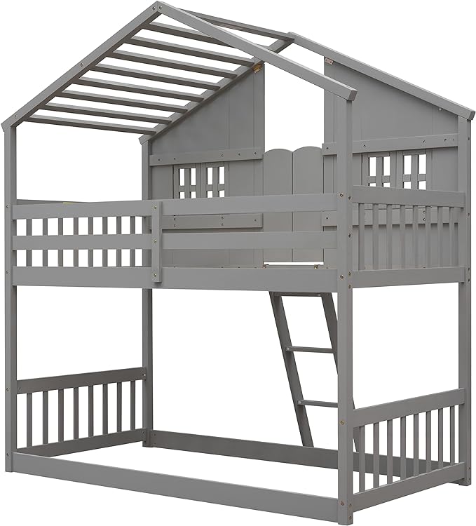 Twin Size House Bunk Bed with Roof, Door, Window and Small Box, Wooden Low Bunkbed Frame with Safety Guardrails and Ladder, for Kids Teens Bedroom, Twin Over Twin, Grey - LeafyLoom